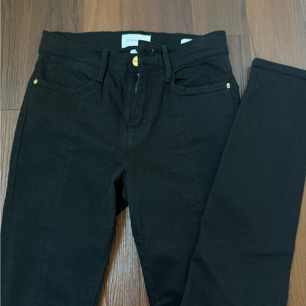 Frame Denim Black Skinny Jeans with Gold Rivet Accents
